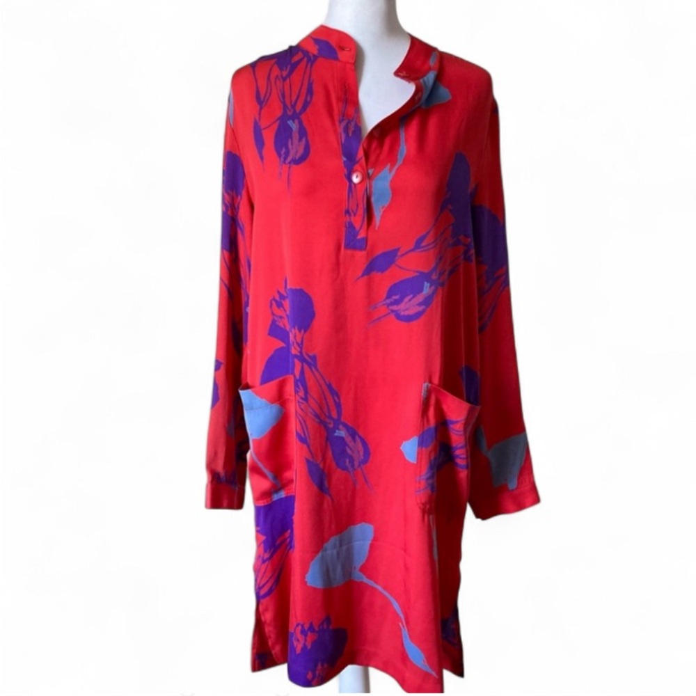 Tucker Red Abstract Floral Silk Long Sleeve Lightweight Shirt Dress size Medium - Picture 2 of 8